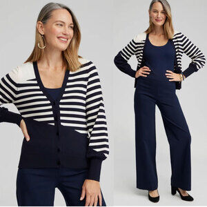 CHICO'S NWT Mixed Stripe Balloon Sleeves Knit Cardigan Sweater Size 3/XL